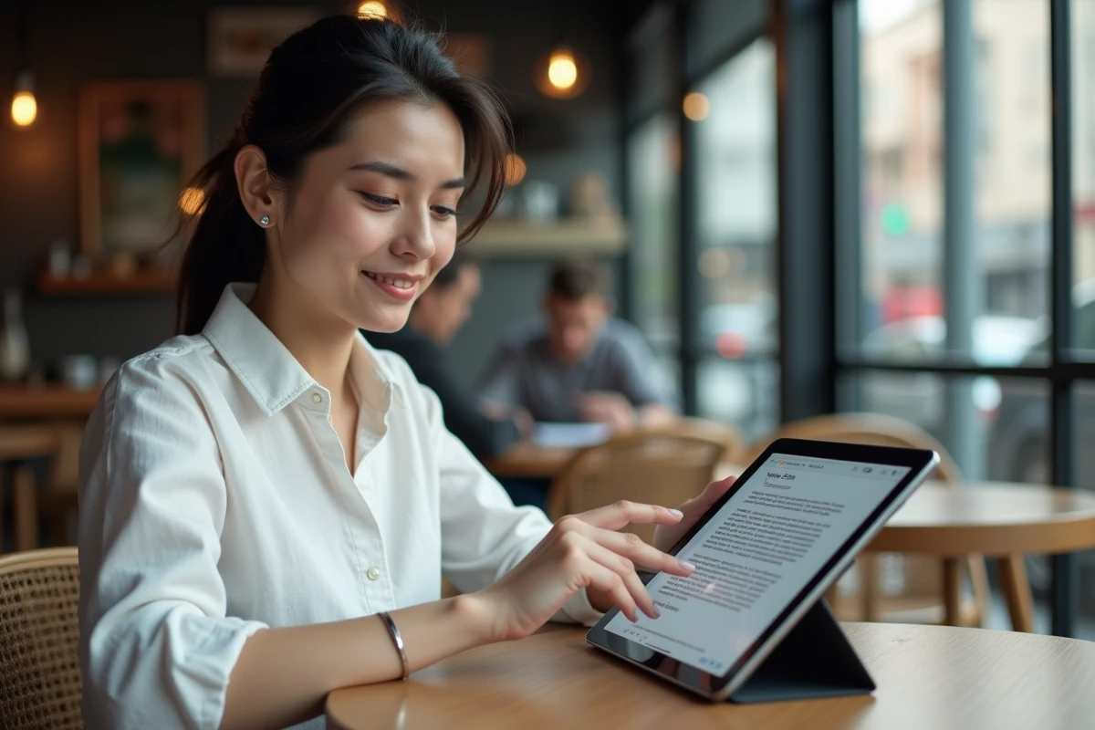Femme analysant des archives web sur une tablette dans un café pour évaluer la fiabilité d'une source numérique