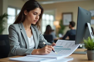 Femme en blazer gris analysant un tableau Excel imprimé dans un bureau moderne, pointant des cellules avec un stylo