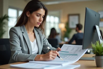 Femme en blazer gris analysant un tableau Excel imprimé dans un bureau moderne, pointant des cellules avec un stylo