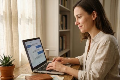 Femme utilisant un assistant virtuel sur son ordinateur pour planifier son voyage depuis son bureau à domicile