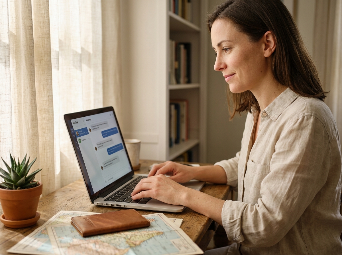 Femme utilisant un assistant virtuel sur son ordinateur pour planifier son voyage depuis son bureau à domicile