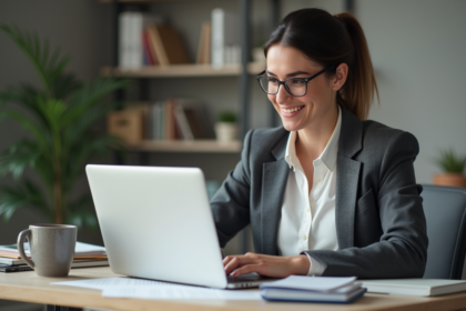 Femme concentrée travaillant sur un document Word au bureau