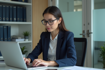 Femme professionnelle concentrée au bureau avec ordinateur