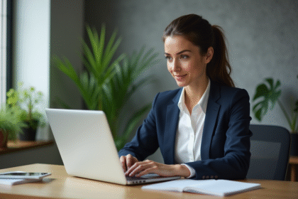 Femme concentrée travaillant sur son ordinateur dans un bureau moderne