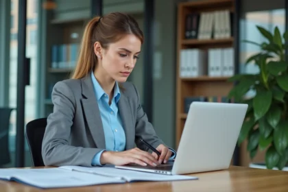 Femme professionnelle examinant un ordinateur dans un bureau moderne