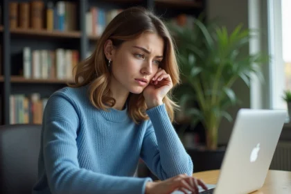 Jeune femme au bureau regardant son ordinateur portable