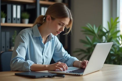Jeune femme concentrée branchant un disque dur externe au bureau