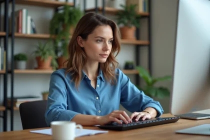 Femme concentrée travaillant sur son ordinateur dans un bureau lumineux