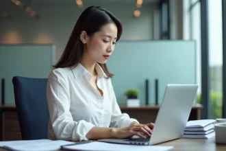 Jeune femme au bureau utilisant Ctrl A