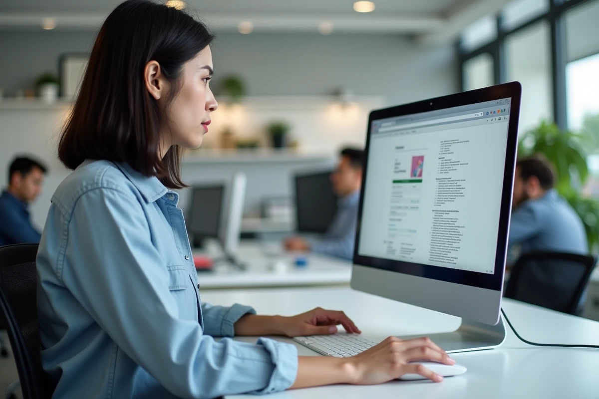 Femme dans un bureau moderne cherchant à réinitialiser les paramètres expérimentaux de Chrome après une erreur de configuration