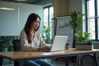 Jeune femme au bureau analysant un tableau de test A B