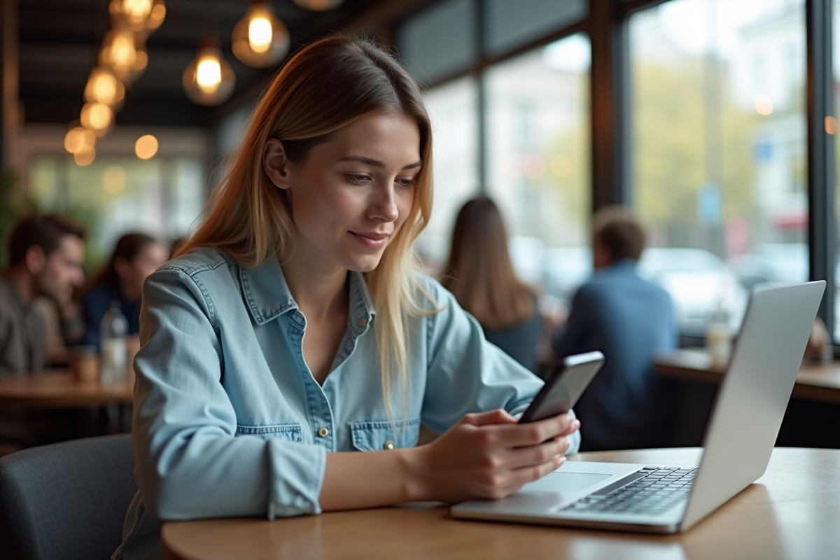 Femme utilisant son smartphone dans un café lumineux