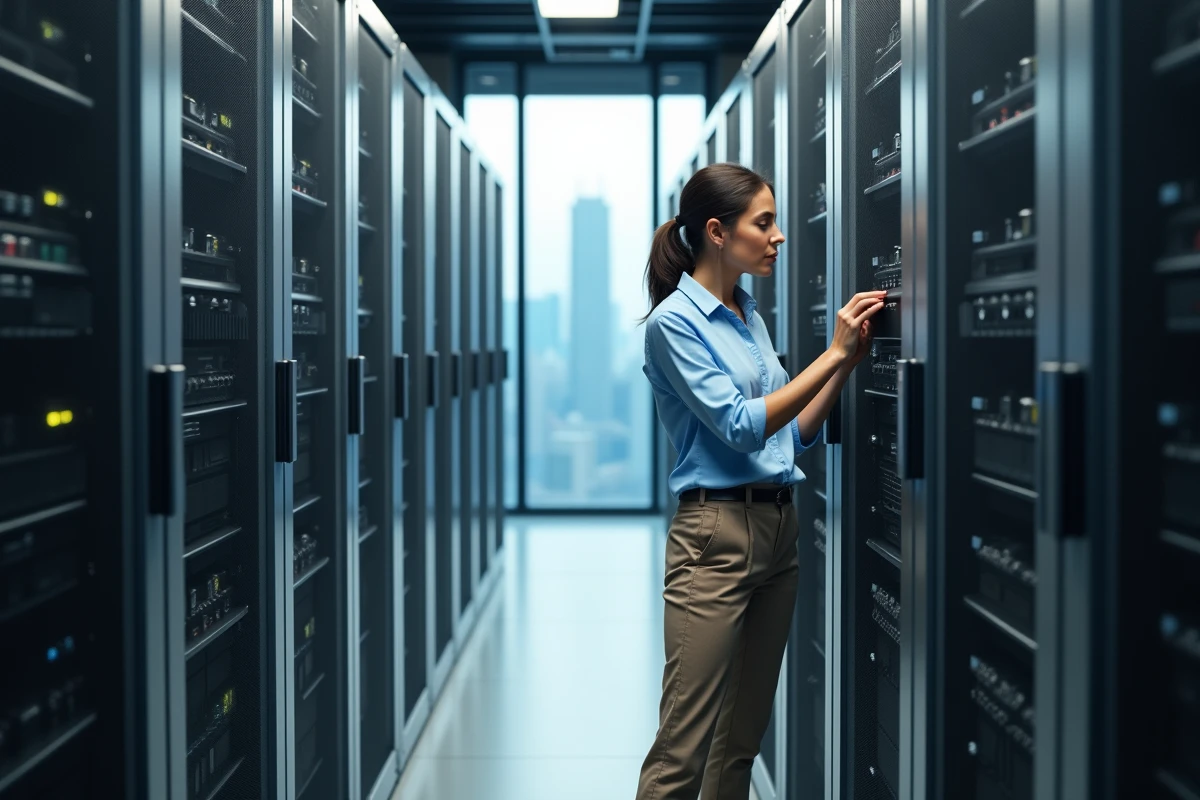 Femme en tenue déplaçant un disque dur dans un centre de données