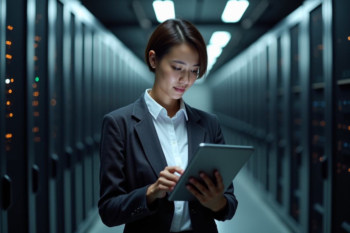Femme utilisant une tablette dans un centre de données hightech