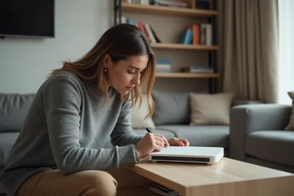 Femme examinant l'étiquette au dos d'une box internet pour trouver la clé de sécurité réseau Wi-Fi