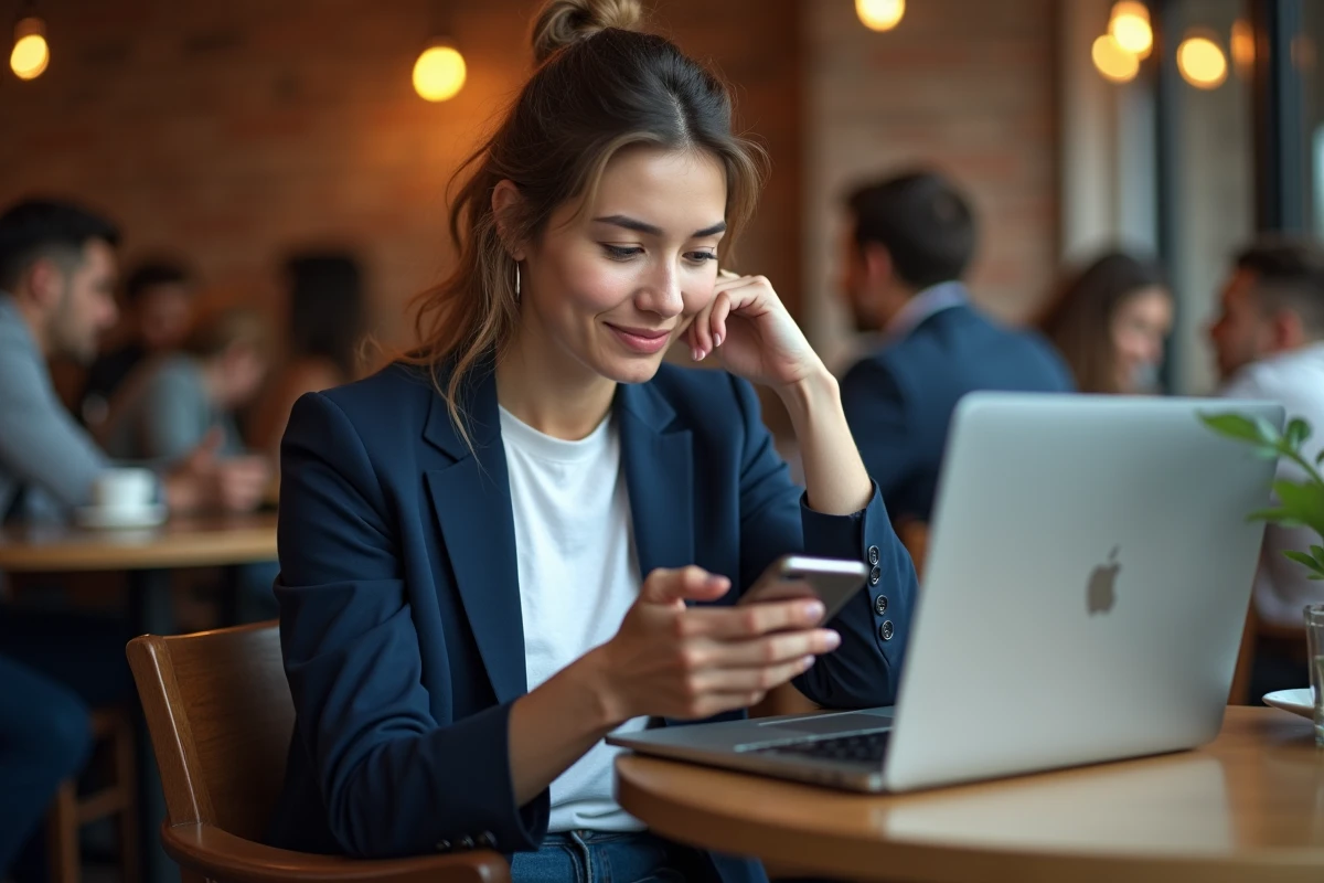 Femme consultant un site de comparaison Apple sur MacBook Pro dans un café parisien