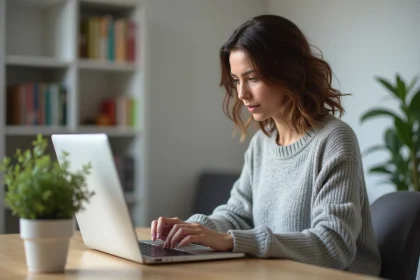 Femme utilisant un compteur de caractères en ligne sur son ordinateur portable dans un bureau à domicile