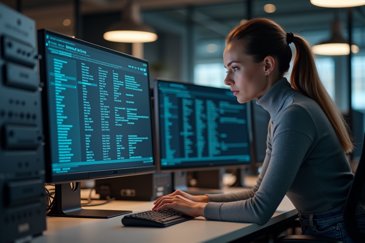 Femme configurant VPN sur NAS dans un bureau contemporain