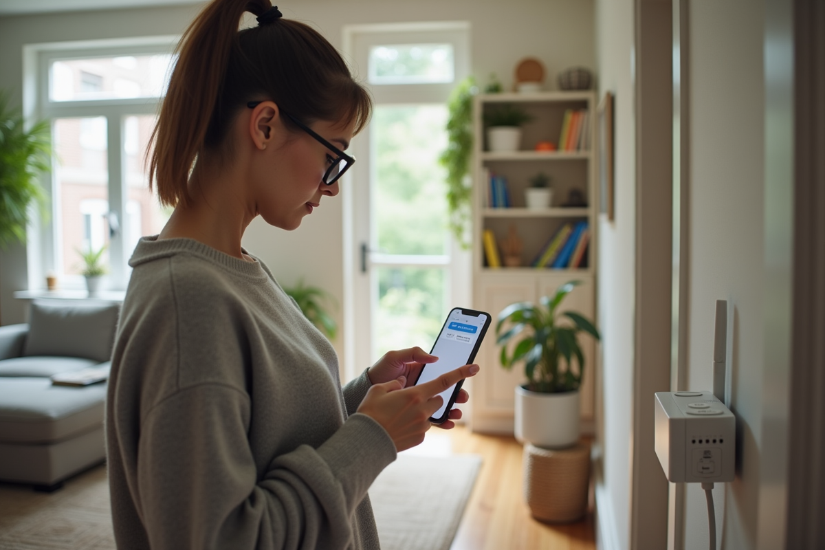 Femme vérifiant ses appareils connectés près de son routeur WiFi