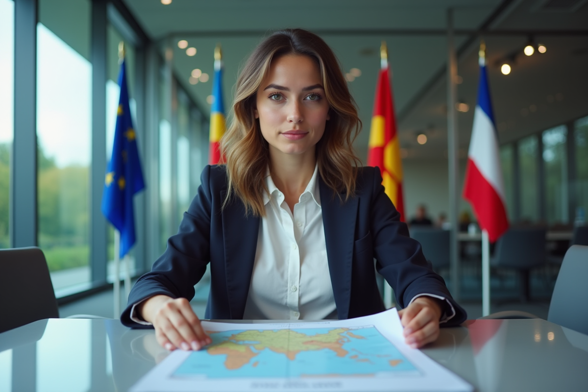 Femme assise analysant une carte des options de lancement Ariane 6