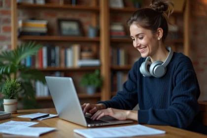 Femme avec casque audio naviguant sur un convertisseur YouTube MP3 sur laptop dans un bureau cosy