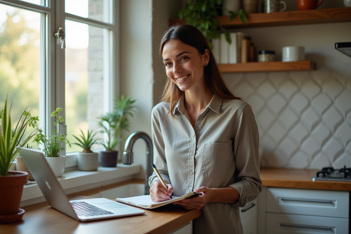 Femme souriante prenant des notes dans une cuisine cosy