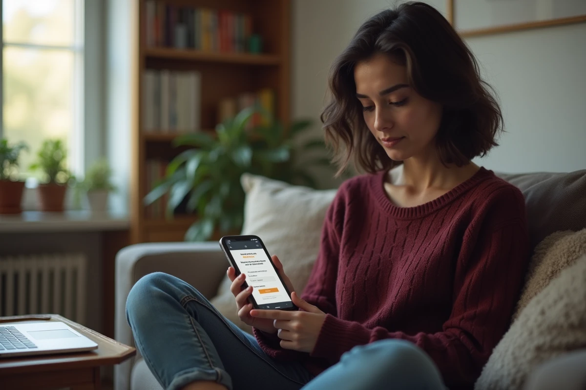 Jeune femme consultant l'email de réinitialisation de son mot de passe de l'intranet Lyon 3 sur son smartphone à domicile