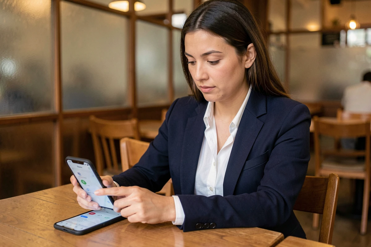 Femme consultant les caractéristiques du Google Pixel 9 Pro XL dans un café