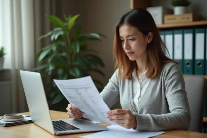 Femme suivant un guide de publipostage Word Excel sur son ordinateur portable dans un bureau à domicile