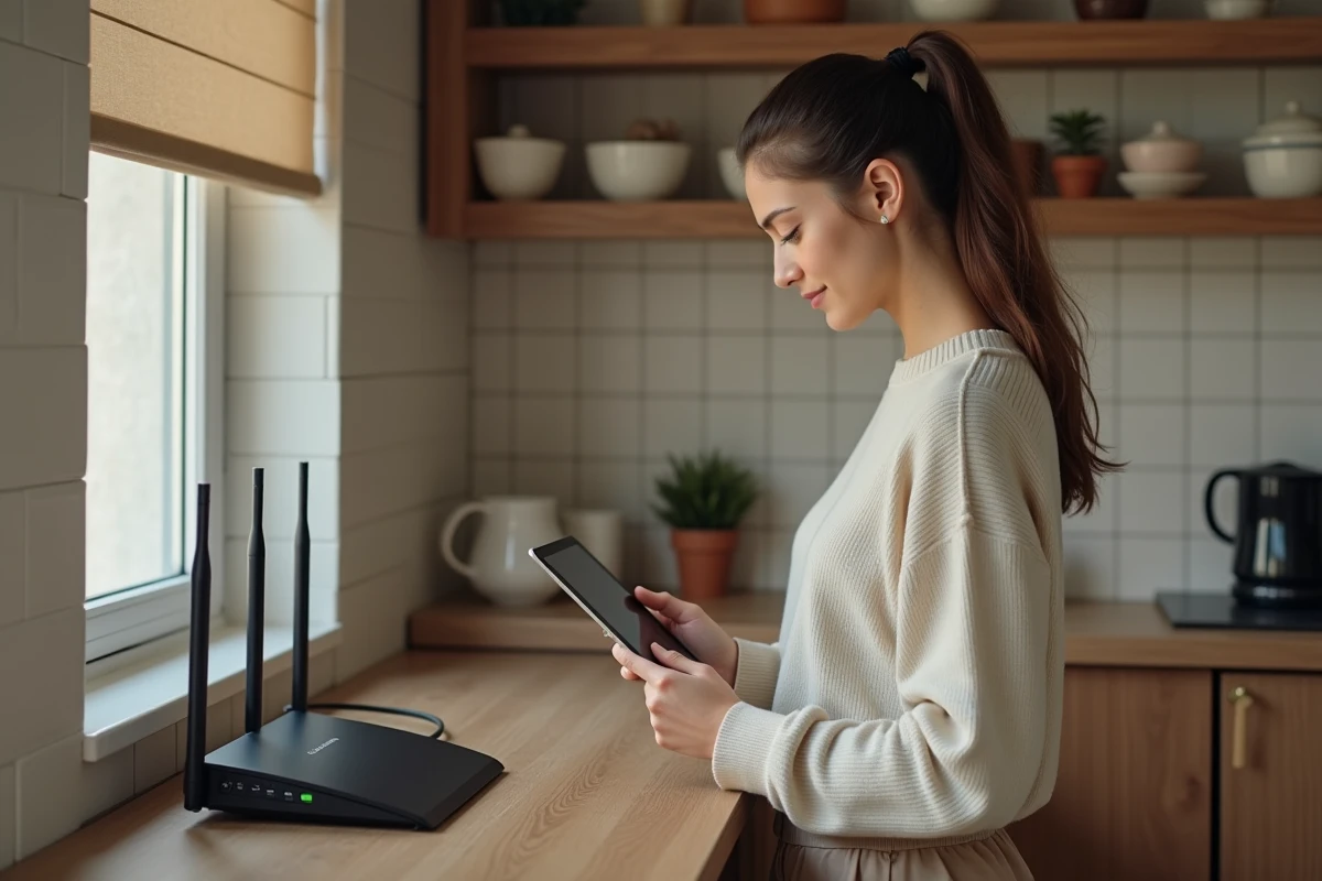 Jeune femme installant un routeur dans la cuisine