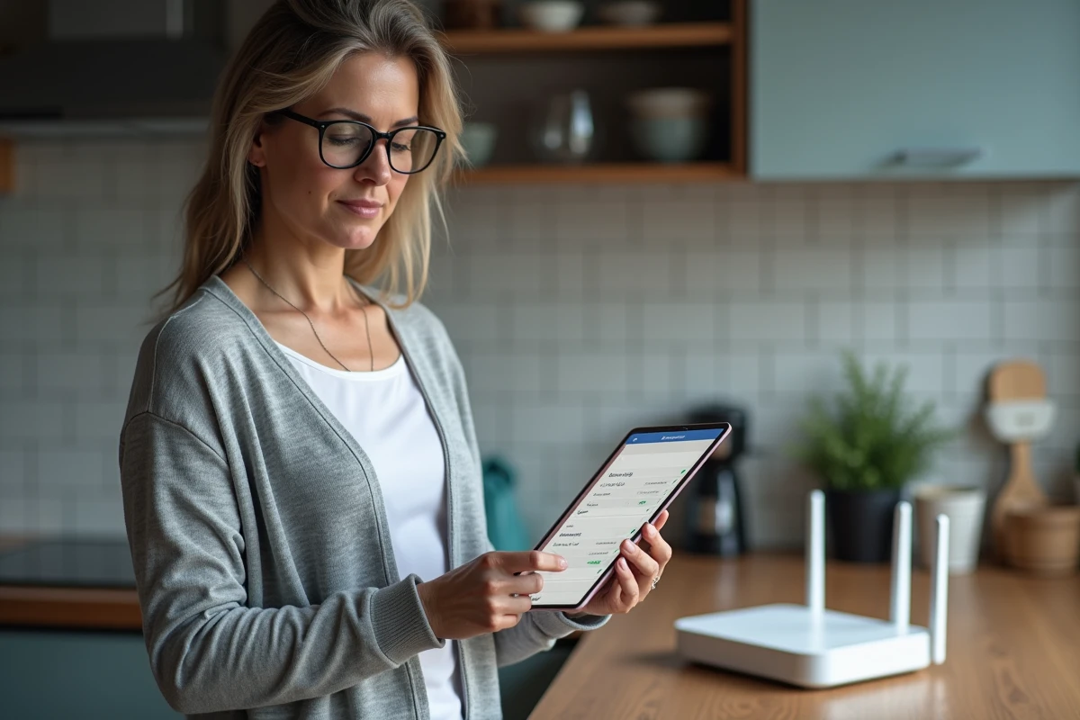 Femme consultant l'interface d'administration de sa Freebox sur une tablette dans une cuisine moderne
