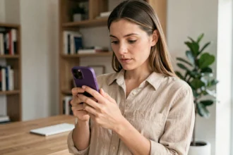 Femme examinant un iPhone 14 Pro reconditionné violet en main dans un bureau moderne