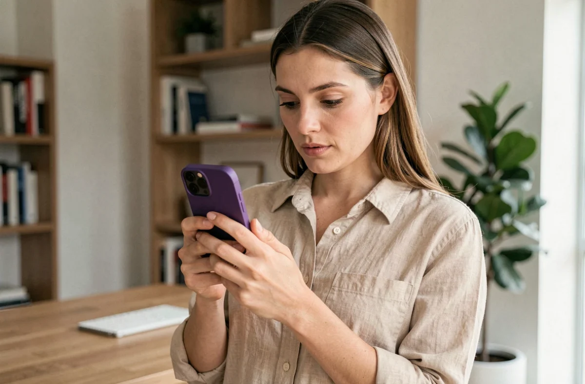 Femme examinant un iPhone 14 Pro reconditionné violet en main dans un bureau moderne