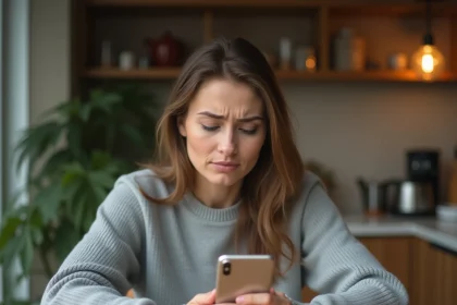 Femme inquiète tenant un iPhone avec une galerie de photos vide, cherchant à récupérer des photos supprimées