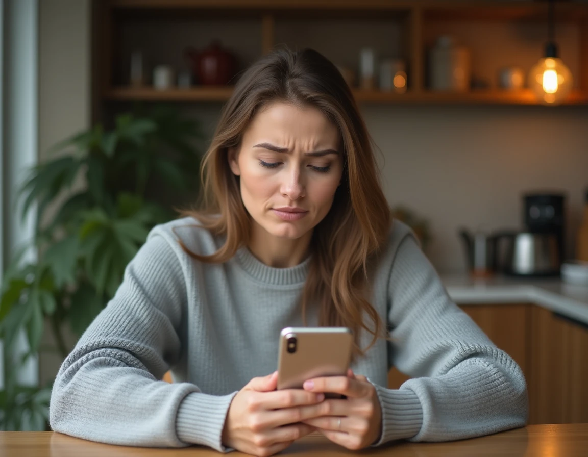 Femme inquiète tenant un iPhone avec une galerie de photos vide, cherchant à récupérer des photos supprimées