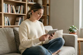 Femme lisant un livre numérique sur Kindle, installée confortablement dans un salon scandinave avec des étagères de livres en arrière-plan