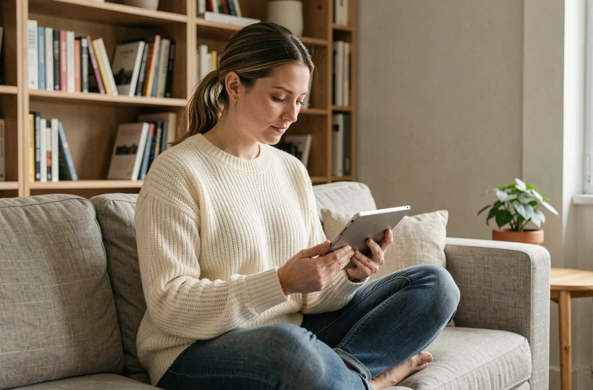 Femme lisant un livre numérique sur Kindle, installée confortablement dans un salon scandinave avec des étagères de livres en arrière-plan