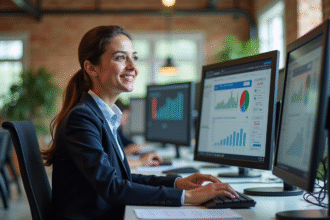 Jeune femme en bureau moderne analysant des graphiques