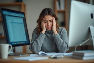 Femme souffrant de maux de tête devant un écran d'ordinateur trop grand ou mal positionné dans un bureau à domicile
