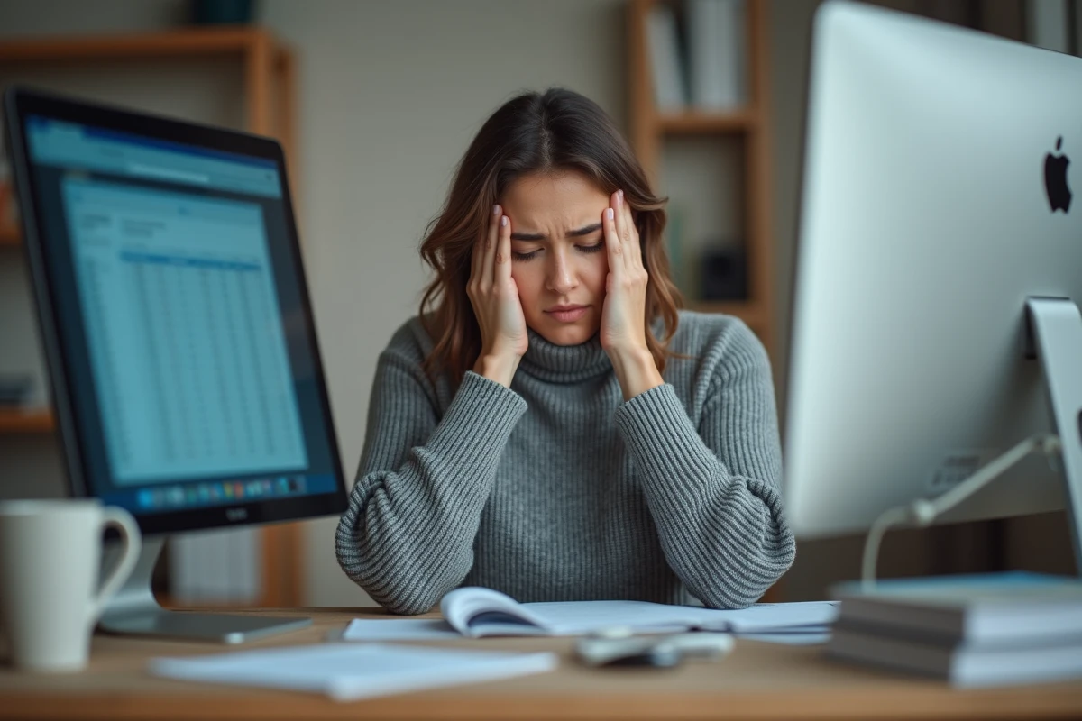 Femme souffrant de maux de tête devant un écran d'ordinateur trop grand ou mal positionné dans un bureau à domicile