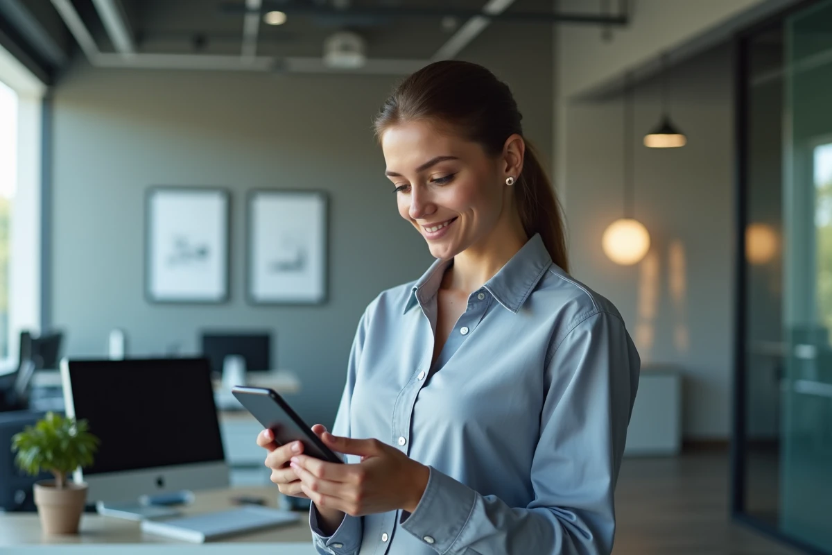 Femme vérifiant son achat Valorant sur smartphone au bureau