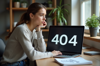 Jeune femme au bureau regardant un message 404 sur son ordinateur