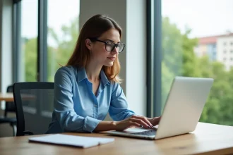 Femme en blouse bleue travaillant sur son ordinateur dans un bureau lumineux
