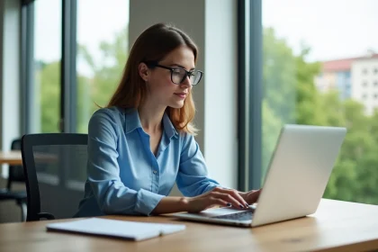 Femme en blouse bleue travaillant sur son ordinateur dans un bureau lumineux