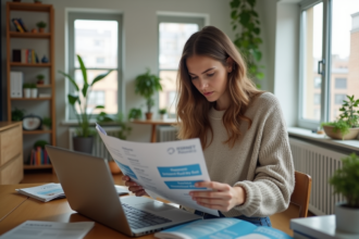 Jeune femme compare brochures internet dans son salon