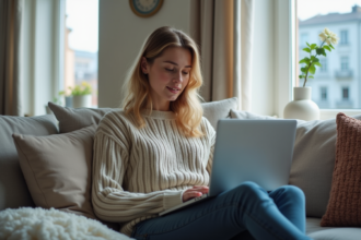 Jeune femme comparant options internet sur son laptop