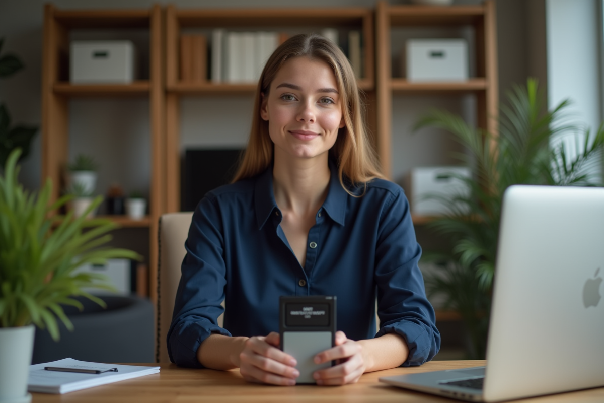 Jeune femme tenant un disque dur de sauvegarde dans un bureau à domicile