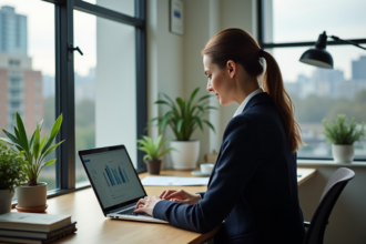 Femme concentrée travaillant sur un ordinateur avec graphiques SEO
