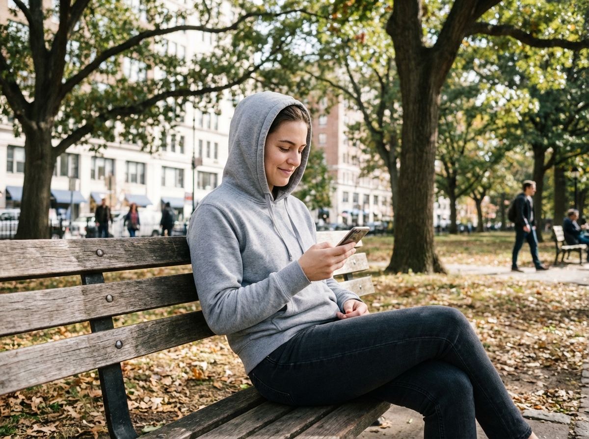 Jeune femme assise dans un parc avec smartphone
