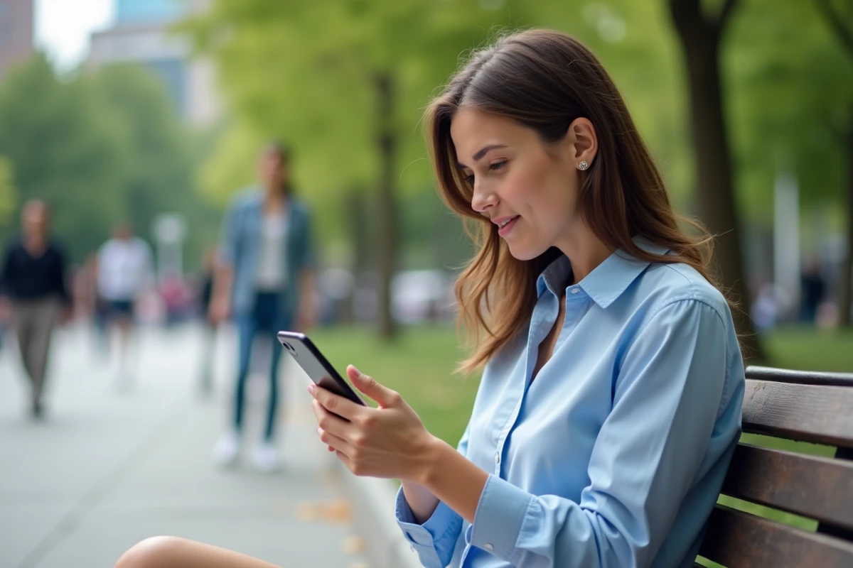 Femme dans un parc regardant son iPhone pour convertir une vidéo